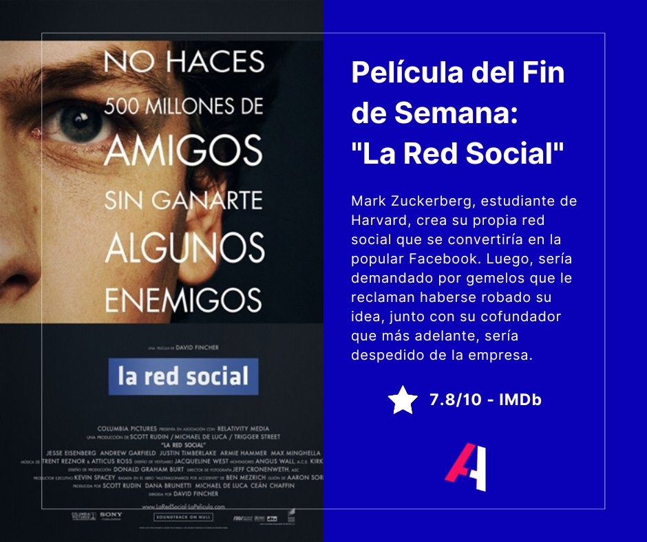 Hoy diviértete viendo esta película 🎥 sobre la vida de Mark Zuckerberg, uno de los hombres más millonarios del mundo 💴. Entérate cómo se crea Facebook 😱 y los riesgos que llevó hacerlo. ¿Suena entretenida verdad? No te la pierdas.

#Educacion #Innovacion #Pelicula