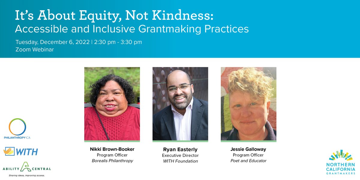 NorCalGrant's tweet photo. Join us to learn more about addressing #ableism in our workplaces while incorporating a #DisabilityLens within our organization &amp; programs. With @NikkiBrownBook2 of @BorealisPhil, Ryan Easterly of @withfoundation, &amp; Jessie Galloway of @AbilityCentral https://t.co/qmrHFi04Hz https://t.co/BMlbAZKYdE