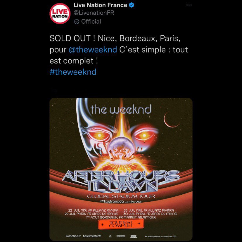 NewsWeeknd's tweet image. 🚨All five dates in France (Nice, Bordeaux &amp;amp; Paris) are SOLD OUT! #AfterHoursTilDawnTour