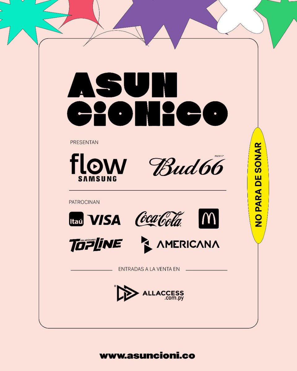 Asuncionico_'s tweet photo. 🎫 Aprovechá los descuentos para clientes de #ClubPersonal y @ItauParaguay a partir de Preventa 1 el lunes 5/Dic
ASUNCIONICO NO PARA DE SONAR 🎶
📍Estrenamos nueva locación: Parque Olímpico 🇵🇾
🗓 21 y 22 de Marzo
#Asuncionico2023 https://t.co/i0qSoDgXVX