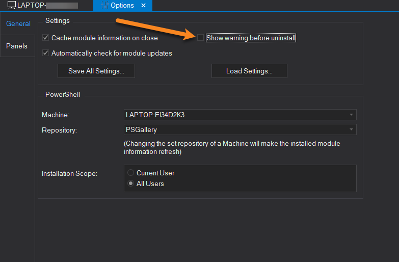 SAPIENTech's tweet photo. #DidYouKnow that you can turn off the warning before uninstalling a module in PowerShell ModuleManager?

File > Options (or Home > Options):
👉 Uncheck "Show warning before uninstall"

#SAPIENTech #PowerShell #pwsh #PowerShellModuleManager #script #scripting #module https://t.co/TUcADJY85R