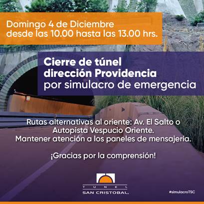 TunelSC's tweet photo. #Informamos
Domingo 4/Dic de 10:00 a 13:00 se mantendrá cerrado el túnel dirección a #Providencia por simulacro de emergencia.
Alternativas: Av. El Salto o Autopista Vespucio Oriente
Síguenos con el hashtag #SimulacroTSC
@mop_chile @TTISantiago @radiocarab @biobio https://t.co/cwIM5svsKE
