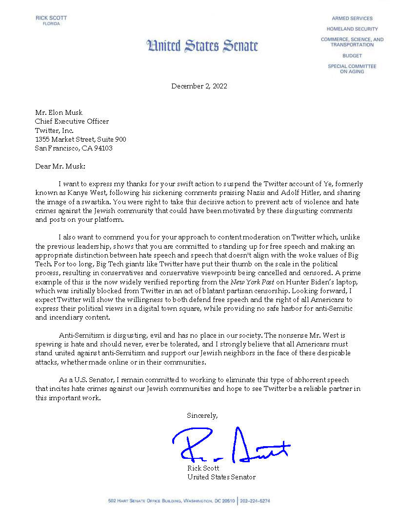 SenRickScott's tweet photo. Anti-Semitism has no place in our society. Thank you, @ElonMusk, for standing up against it. https://t.co/CgUBxeVtxJ