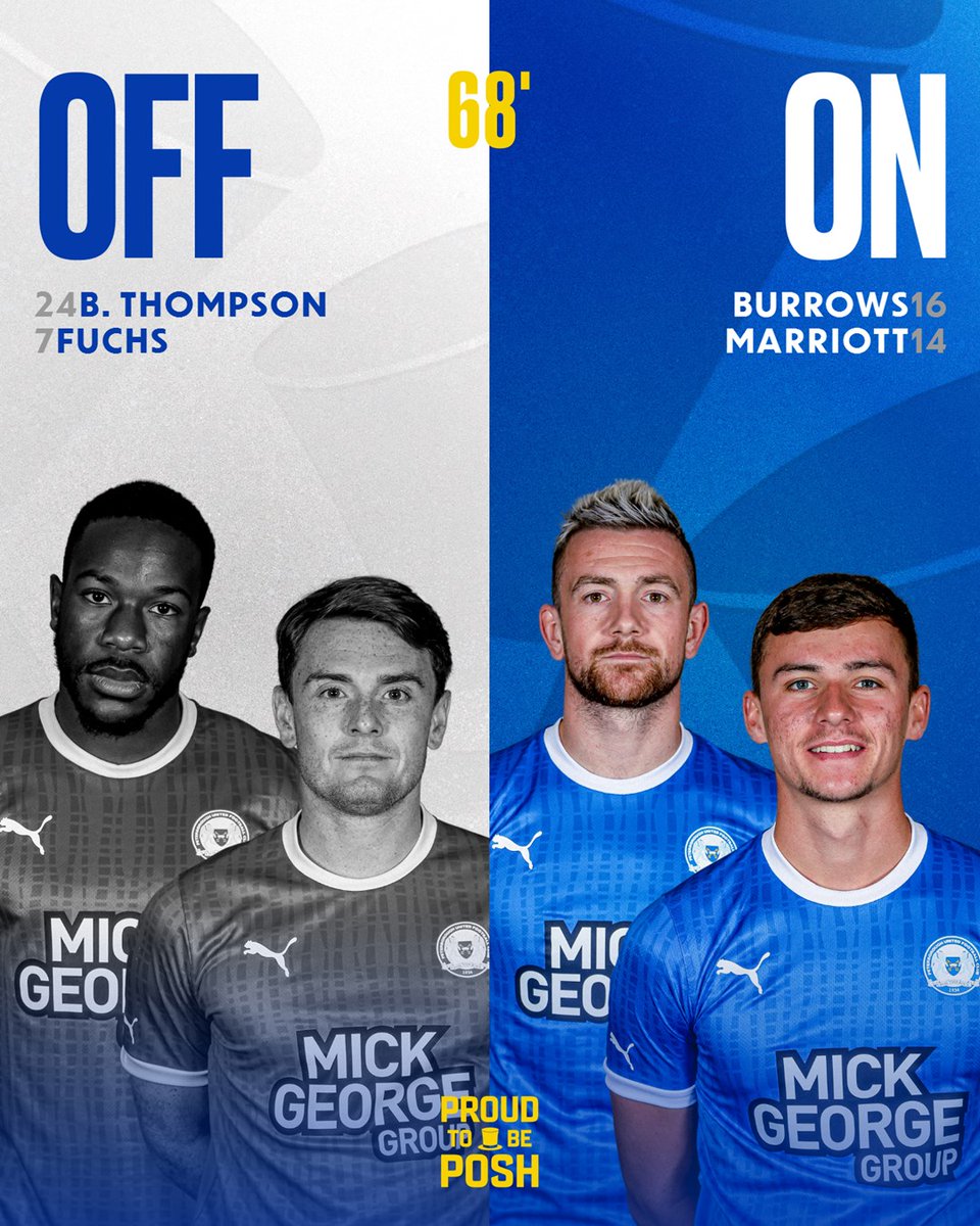 theposh's tweet image. 68' - A double change for Posh.

➡️ Marriott, Burrows
⬅️ B. Thompson, Fuchs

🎩 1-2 🅱️ | #PETBAR