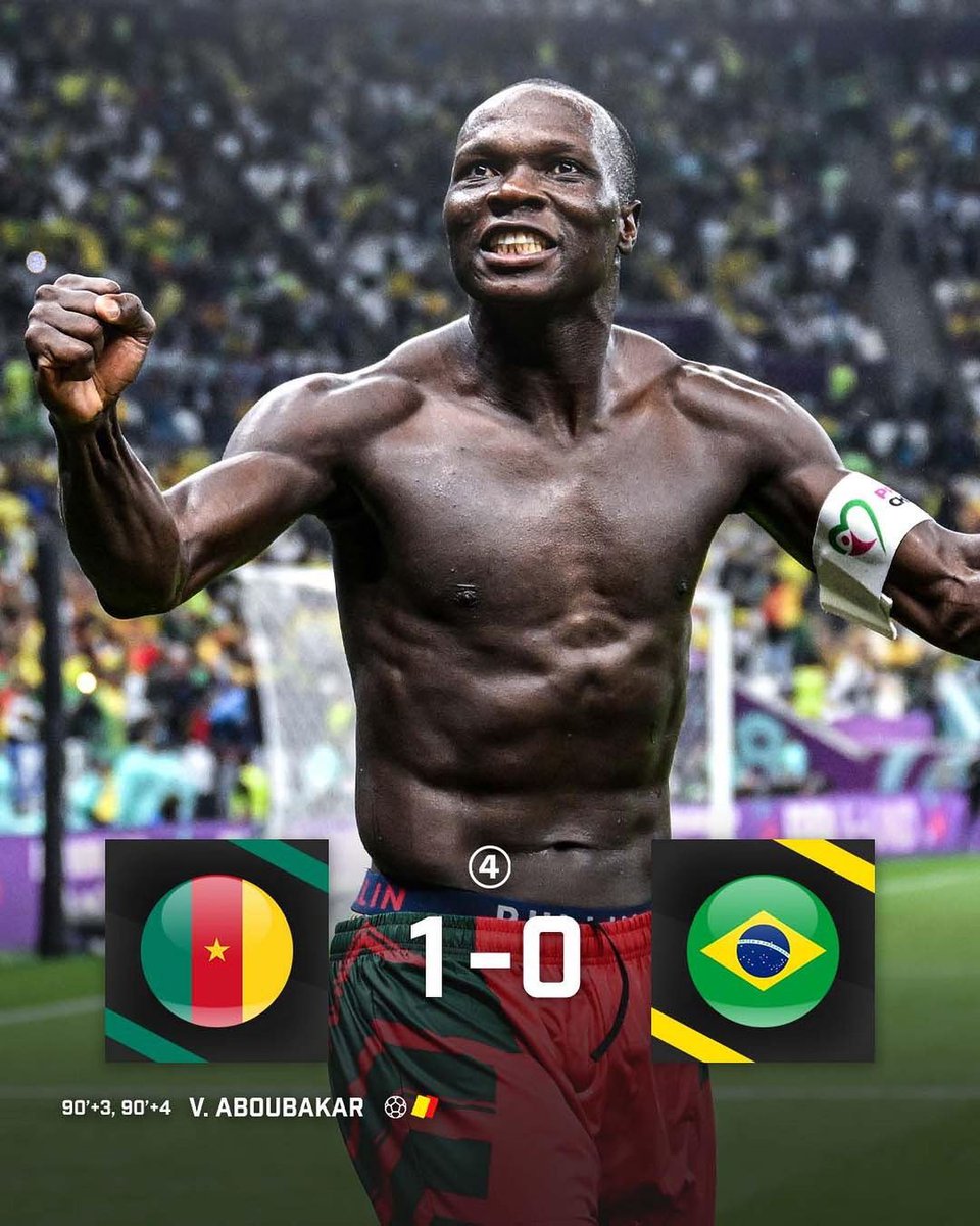 NjieEnow's tweet photo. Cameroon 🇨🇲 is the first &amp; only African team to beat Brazil in the world's top 3 football tournaments.

2000 Olympics
Cameroon 2 - Brazil 1

2003 Confederations Cup
Cameroon 1 - Brazil 0

2022 World Cup
Cameroon 1 - Brazil 0

It just had to be Cameroon🇨🇲 to do it. #TeamCameroun https://t.co/n5oOyBK2Wt