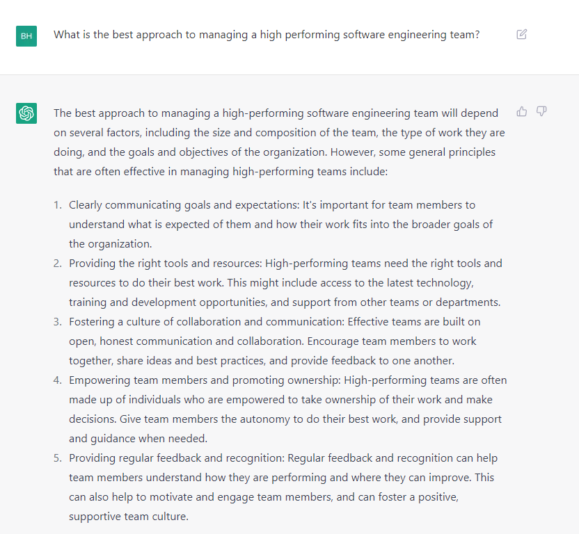 tfsbuck's tweet photo. I asked ChatGPT about running high performing software engineering teams. The answer is more helpful than many books. https://t.co/zkQwprrJVs