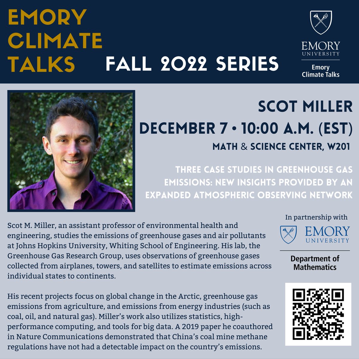 In partnership with @MathEmory, we are honored to welcome Professor Scot Miller @HopkinsEngineer to campus for a conversation next Wednesday (12/7) at 10:00 a.m. Join us for the seminar, discussion and light refreshments! @esaikawa @emorycollege @EmoryUniversity