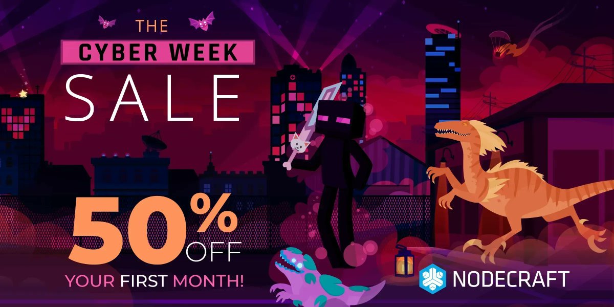 nodecraft's tweet photo. The Cyber Week sale ends in just a few hours! 😱 Last chance to get your server started for 50% off, and game together all through the holidays https://t.co/vDHJGlwCJI #CyberWeekDeal #Minecraft #Valheim #ARKSurvivalEvolved https://t.co/Tvr1D0o3Sm