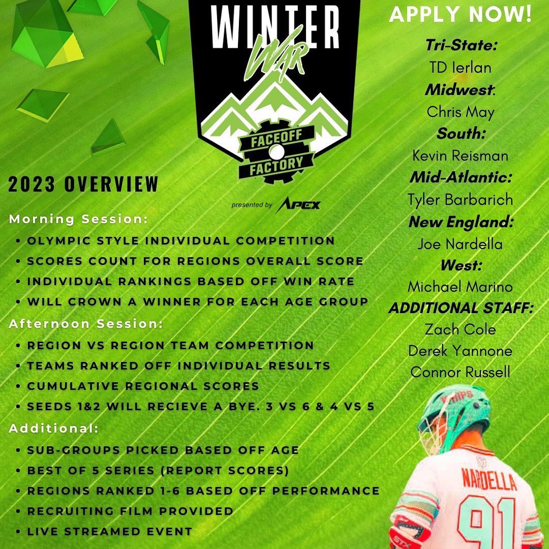 ⚔️THE WINTER WAR⚔️ • 🗓️: FEBRUARY 12, 2023 ⏰: 8:00 AM - 3:00 PM 📍: Warwick, NY GRADES: ‘23, ‘24, ‘25, ‘26 • E-MAIL Joenardella@apexlacrosseevents.com with your lacrosse resume and why you believe you have what it takes to compete with the best in the country. @ApexLaxEvents