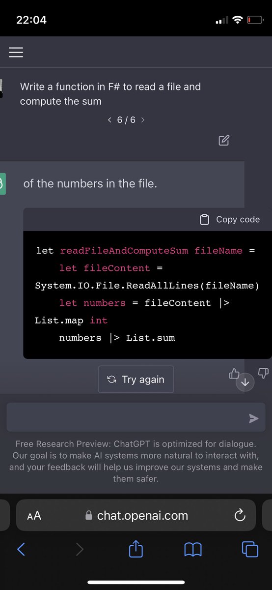 GerbenW's tweet photo. ChatGPT raises code generations based on text to another level. #fsharp https://t.co/LYrLb5HRun
