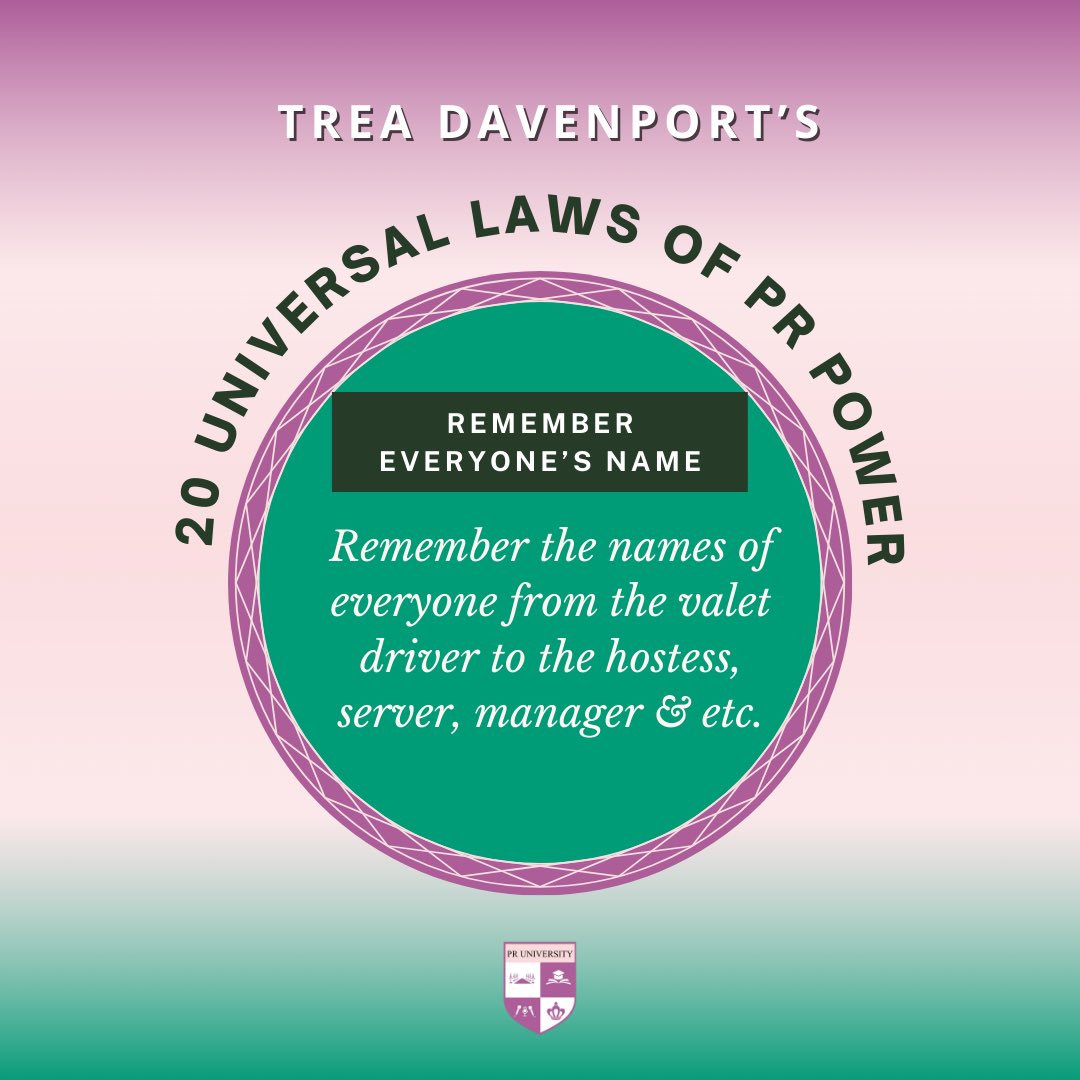 TreaDayMPR's tweet photo. @TreaDavenport's #PR #Law #4: “Remember Everyone’s Name”

Remembering someone’s name or job position can help you stand out! At all times you are #networking and building #connections. It pays to #PAYATTENTION! That same individual may be able to help you elevate in the long run. https://t.co/HxxZXMnjEO