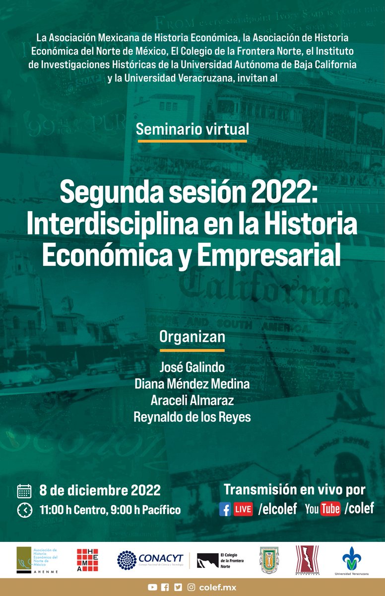 la_amhe's tweet photo. En esta ocasión versará sobre la interdisciplina en la Historia económica y empresarial. La transmisión se realizará por medio de los canales de Facebook(https://t.co/VSX53mMBSg) y Youtube (https://t.co/5mPLxmVZsW) COLEF. https://t.co/JaJcBhR6tv