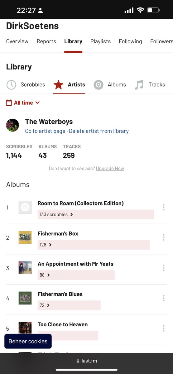 a few people stating that this listened to a lot of Waterboys songs on <a href="/Spotify/">Spotify</a> last year but what about  my 1,144 scrobbles on <a href="/lastfm/">Last.fm</a> : 43 albums and 259 different songs