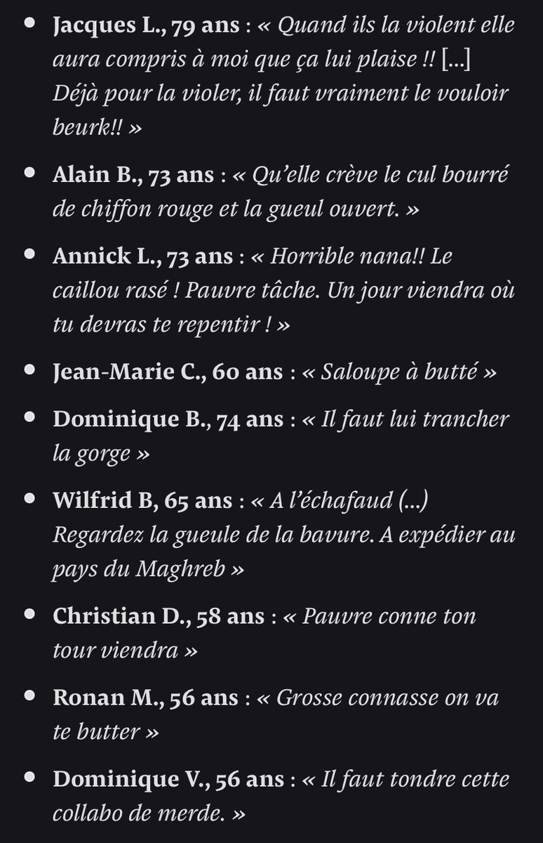 Une prof accusée d’islamo-gauchisme par Pascal Praud a reçu des torrents de haine sur les réseaux. Elle a porté plainte. Ses harceleurs, des petits fachos à la retraite, se sont retrouvés comme des imbéciles au tribunal.

(Reportage de <a href="/davidperrotin/">David Perrotin</a> mediapart.fr/journal/france…)