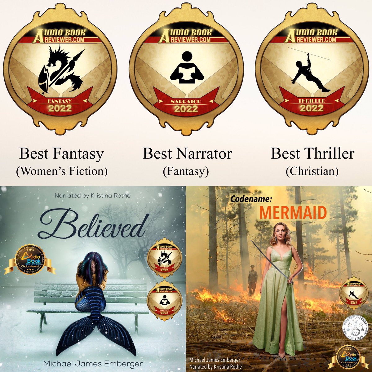 I am thrilled to announce that Believed and Codename Mermaid won their categories in the 2022 AudioBookReviewer.com awards, and my awesome narrator, <a href="/kris_rothe/">Kristina</a> , was awarded Best Narrator in the Fantasy category!

FYI - The Believed audiobook is free!
#WritingCommunity