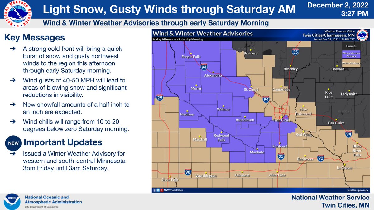 A Winter Weather Advisory is in effect for across western & south-central Minnesota. A quick burst of snow and gusty winds will create areas of hazardous blowing snow and reduced visibility this evening. Temperatures plummet  with overnight lows in the single digits #mnwx #wiwx https://t.co/rbf6ts39an
