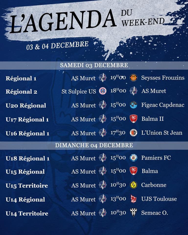 ASMuret's tweet photo. 🗓 L’ᴀɢᴇɴᴅᴀ ᴅᴜ ᴡᴇᴇᴋ-ᴇɴᴅ

Un gros week-end attend nos équipes muretaines. A part, notre équipe réserve, toutes nos équipes de foot à 11 joueront à domicile. De quoi venir encourager nos équipes Blaugranas ! 🔵🔴

#ASMuret 🔵🔴 https://t.co/PFssNUjsBF