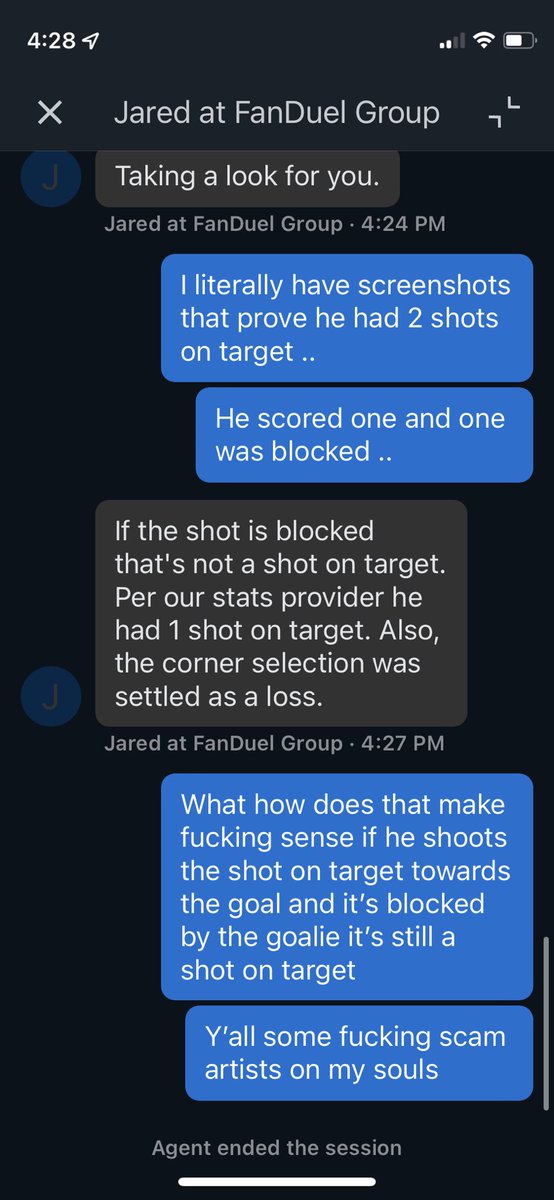 llJPMll's tweet photo. Proof that Fanduel is a scam how if someone shoots towards the goal and it’s blocked by the goalie is it not a shot on target idk who the fuck y’all got running shit over there but y’all some fucking scam artists @FanDuel_Support @FDSportsbook @FanDuel https://t.co/H3eKNALbOW