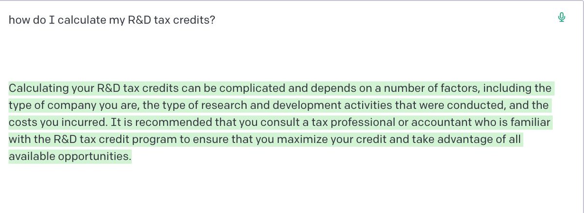 Looks like AI still can't compete with human R&D tax expertise and diligence... luckily, we're the professional tax experts who can. 😃 #taxcredits