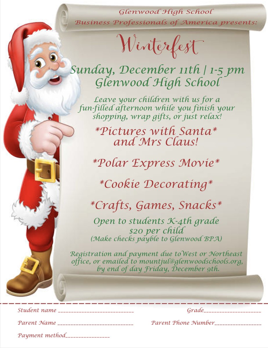 Needing to finish some holiday shopping? Wanting a picture with Santa &amp; Mrs. Clause? Needing a break from your kids? Let our BPA students help! Join us on December 9th from 1:00-5:00pm at the high school for Winterfest. Sign up today- questions email mountjul@glenwoodschools.org.