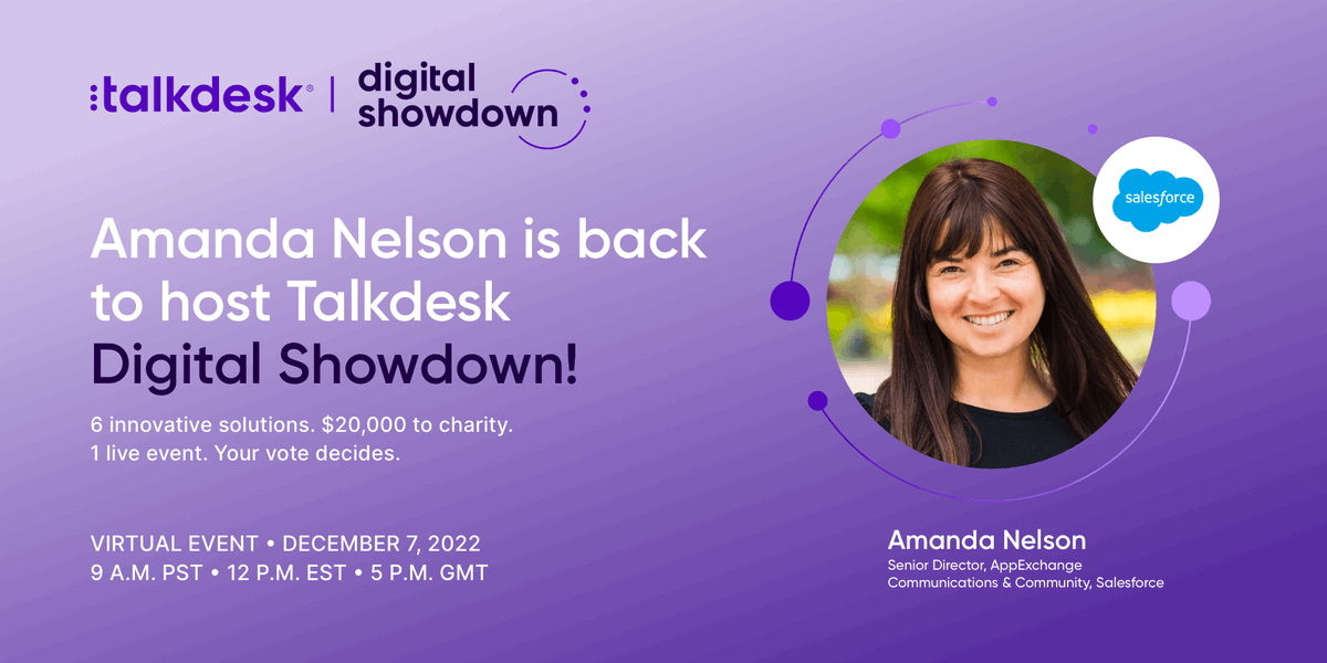 Talkdesk's tweet photo. 🔥 Next week, Talkdesk #CXDigitalShowdown is back! We're thrilled to have @amandalnelson of @salesforce join us.

See her host as our AppConnect partners pitch their solutions for a chance to donate $10,000 to the charity of their choice: https://t.co/IZsGArIoQl https://t.co/oj6EdcOWqC