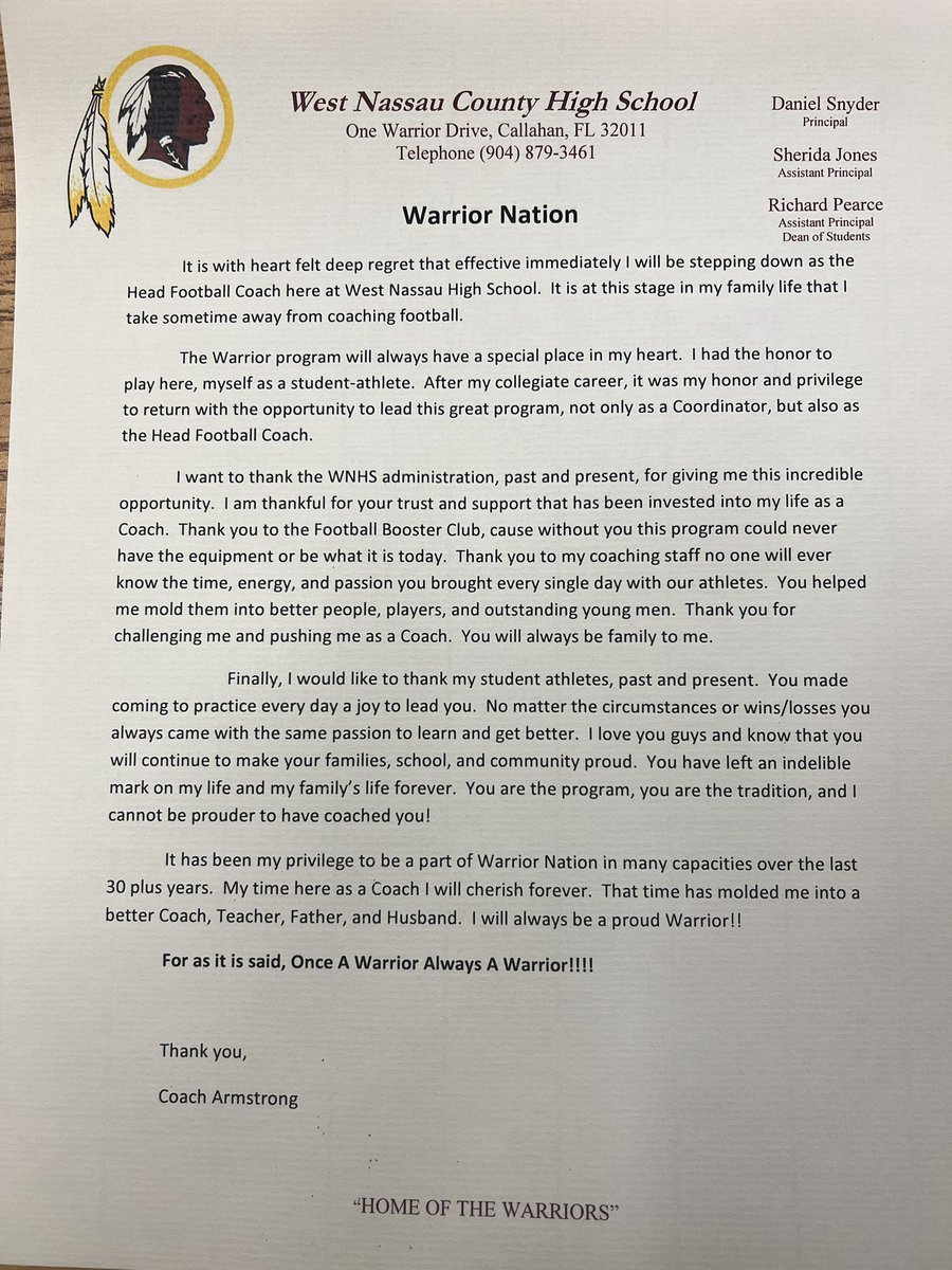 CoachRickey_WN's tweet photo. Grateful I got to talk with the team this afternoon but as of today I am stepping down as the Head Football Coach at West Nassau H.S.  Thank you to everyone that has supported me as Head Coach these past 9 years. https://t.co/ujr58kE6zA