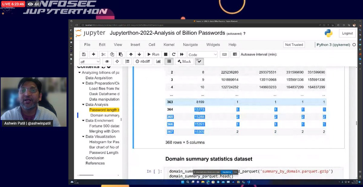 📢 @ashwinpatil showing how to use python libraries and notebooks to demonstrate how one can take real world large dataset, clean, enrich and perform data analysis at scale to extract interesting insights using Jupyter notebook. 🔥

🔴 Live Stream: aka.ms/Jupyterthon22L…