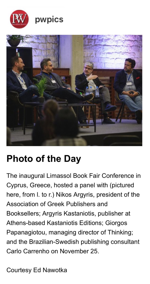 eAnagnostis's tweet photo. Today’s Photo of the Day in Publishers Weekly Daily (@PublishersWkly) is featuring Limassol Book Fair Conference (@LimassolF) and Nikos Argyris, Argyris Kastaniotis, George Papanagiotou and Carlo Carrenho.

Many thanks to @EdNawotka! https://t.co/EAtNYU0Ytc