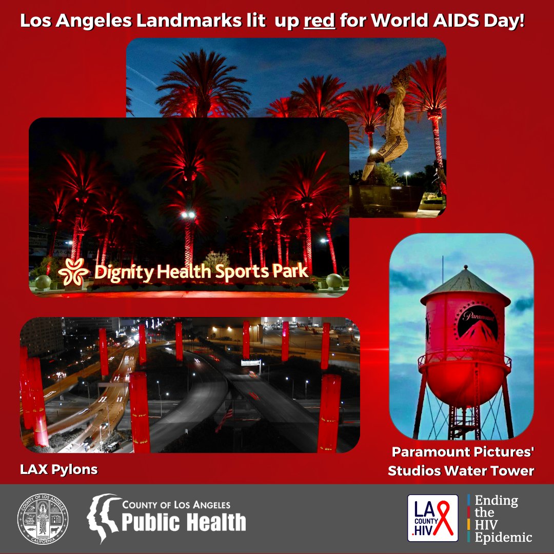 lapublichealth's tweet photo. Thank you to everyone who were able to join us this week! A special thank you to all the LA Landmarks that joined in support of WAD! However, it doesn’t stop here - practice what you learned this week and spread the knowledge. #GoRed4HIV #WorldAIDSDay2022 #HIV 
1/2 https://t.co/bGZPdX5IVW