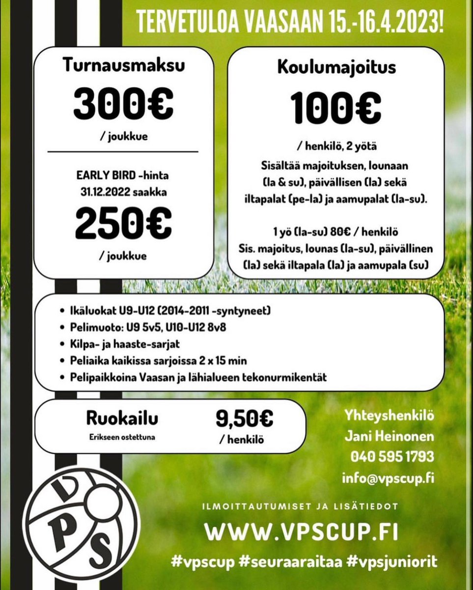 VPSJuniorit's tweet photo. ⚽️ VPS CUP 2023 ⚽️
2011-2014 syntyneiden poikien kahden tason jalkapalloturnaus Vaasassa 15.-16.4.2023
https://t.co/kmbgFYU4tw https://t.co/l5nAoHNsFz