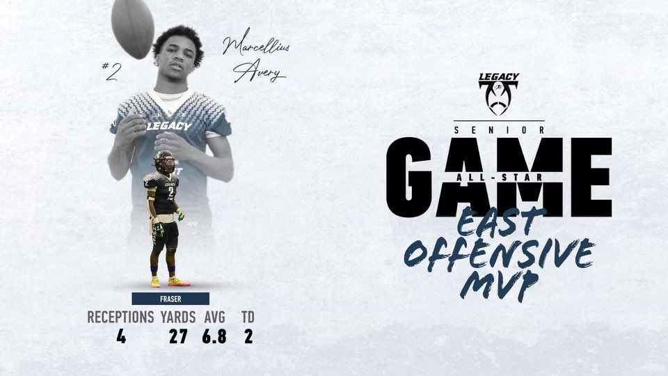 🏆LEGACY ALL STAR GAME🏆 🔵EAST OFFENSIVE MVP🔵 Marcellius Avery | WR | Fraser 4 Rec 27 Yards 2 TDs @MarcelliusAvery @Legacy_Recruit #Legacy #JoinTheMovement #TeamEast