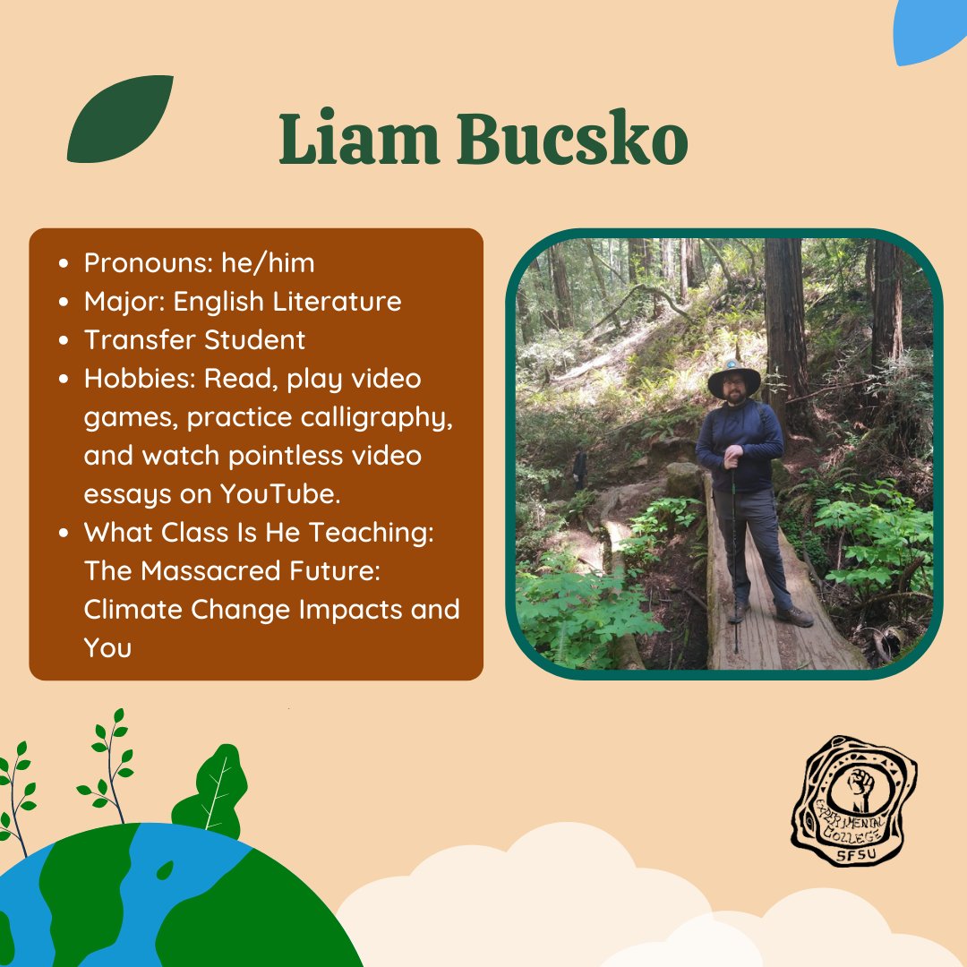 SFStateEXCO's tweet photo. ✨Teachers Spotlight ✨

Meet Liam Bucsko! He will be teaching The Massacred Future: Climate Change Impacts and You. Swipe to learn more about this class and why you should take it. 🌎

#sfstateexco #sfstate #sfsu #sfsustudentlife #sfsugators #sfsu23 #sfsu24 #sfsu25 #sfsu26 https://t.co/L6uNKArQaP