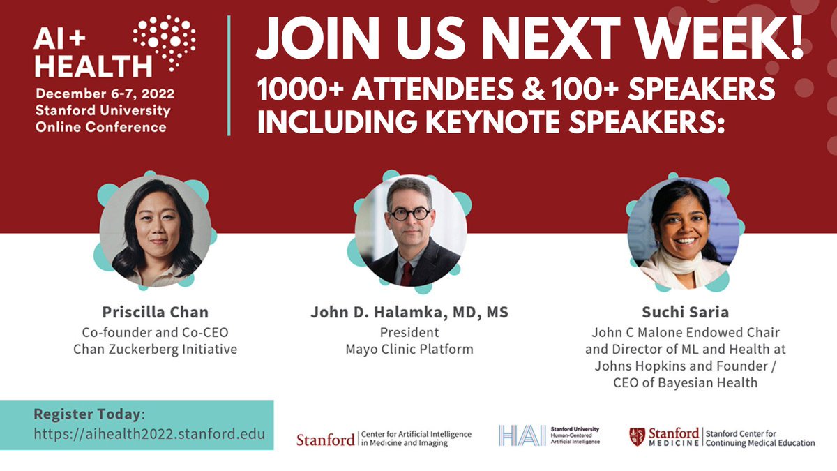 Stanford AIMI (@stanfordaimi) on Twitter photo #StanfordAIHealth is almost here! Join us Dec 6-7 to explore critical & emerging issues related to AI's impact across the spectrum of healthcare. Stellar program with talks, panels, firesides & live Q&A. 9 CME credits. Register: aihealth2022.stanford.edu <a href="/StanfordHAI/">Stanford HAI</a> <a href="/StanfordCME/">Stanford CME</a> #StanfordAIHealth is almost here! Join us Dec 6-7 to explore critical & emerging issues related to AI's impact across the spectrum of healthcare. Stellar program with talks, panels, firesides & live Q&A. 9 CME credits. Register: aihealth2022.stanford.edu <a href="/StanfordHAI/">Stanford HAI</a> <a href="/StanfordCME/">Stanford CME</a>