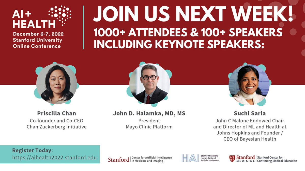 #StanfordAIHealth is almost here! Join us Dec 6-7 to explore critical & emerging issues related to AI's impact across the spectrum of healthcare. Stellar program with talks, panels, firesides & live Q&A. 9 CME credits. Register: aihealth2022.stanford.edu @StanfordHAI @StanfordCME