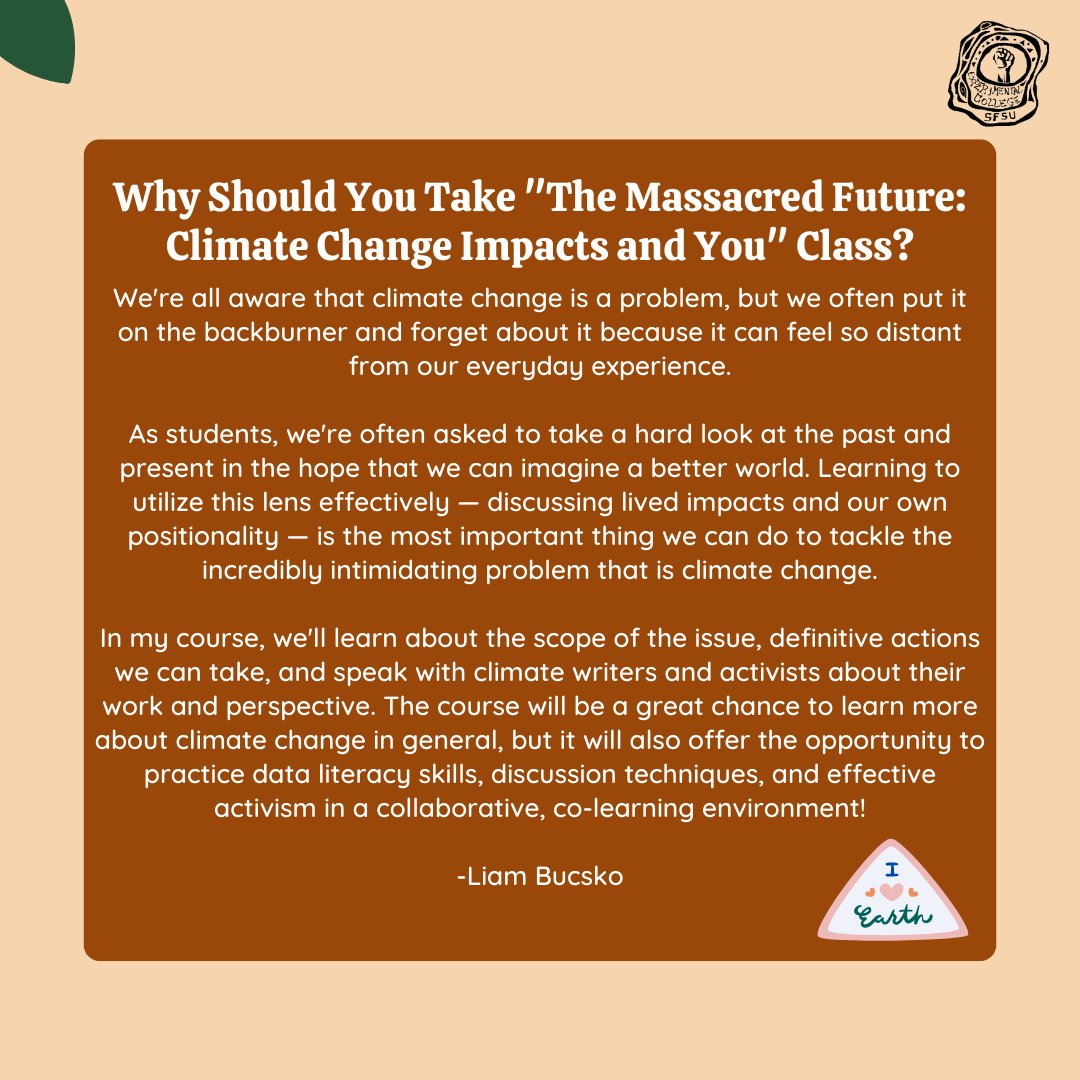 SFStateEXCO's tweet photo. ✨Teachers Spotlight ✨

Meet Liam Bucsko! He will be teaching The Massacred Future: Climate Change Impacts and You. Swipe to learn more about this class and why you should take it. 🌎

#sfstateexco #sfstate #sfsu #sfsustudentlife #sfsugators #sfsu23 #sfsu24 #sfsu25 #sfsu26 https://t.co/L6uNKArQaP
