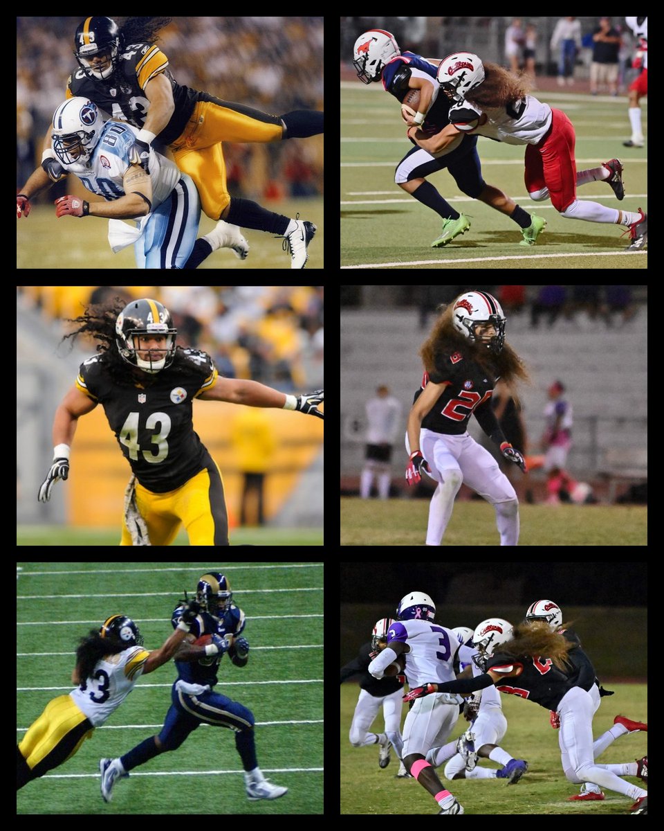 DeniseMartin08's tweet photo. I watched this kid morph into a player from his favorite team over his football career. All he's missing is the number 43 #Steelers #LilPolamalu #DArtangion28 #BullpupFootball https://t.co/MONd59b29V
