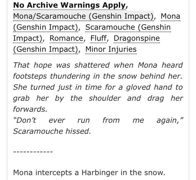 AbyssalWaltz's tweet photo. ❄️ Genshin Impact
❄️ Scaramouche x Mona | Scaramona
❄️T (minor injury)
❄️One-shot | 2.2k words

The fic I wrote for @scaramonazine! Definitely check out their leftoever sale :D

Link: https://t.co/ILEmGKqpF2 https://t.co/liqTNzg8h4