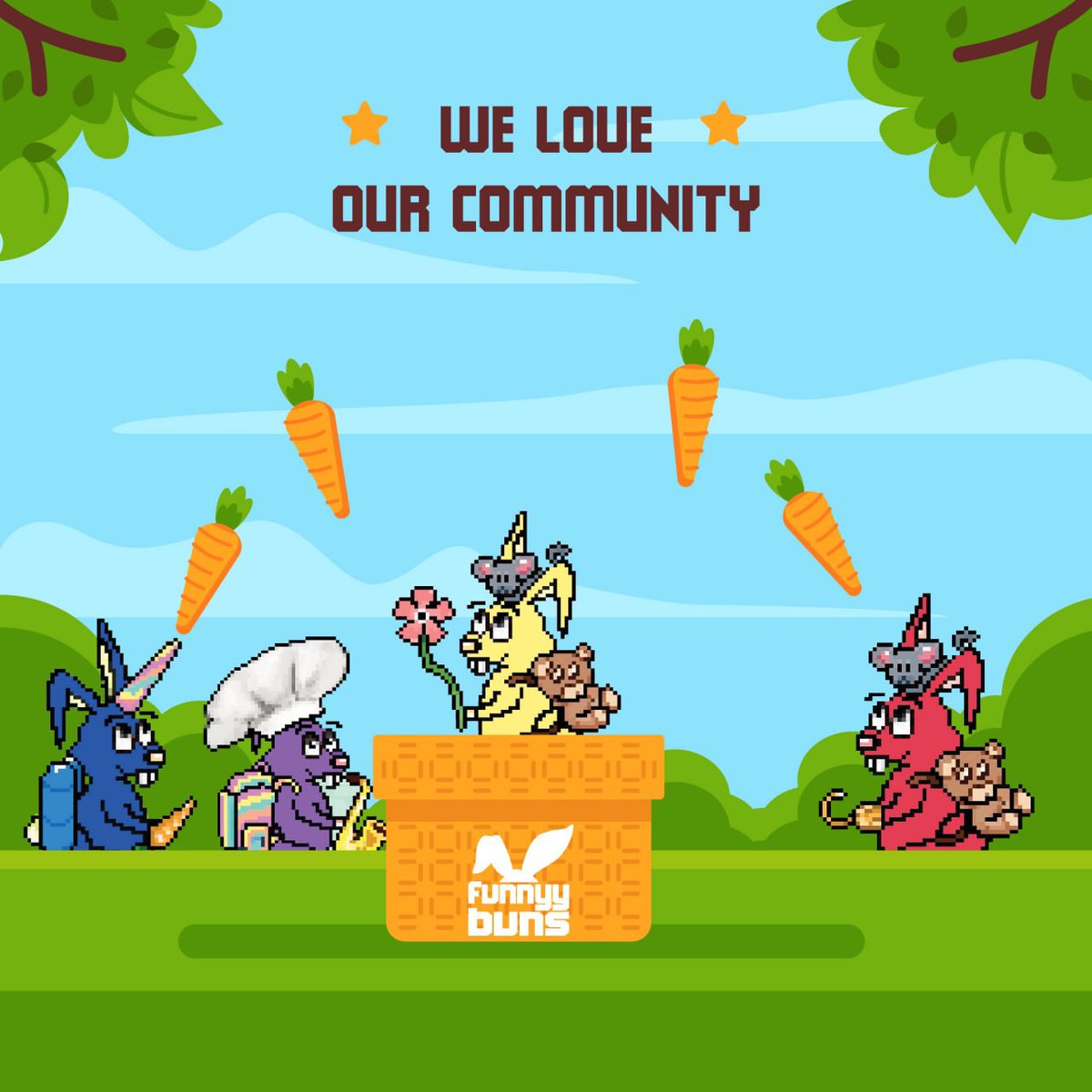 TheForestFamNFT's tweet photo. 🐰 Super eggciting to see so many community members already wearing a funnyybuns profile pic! 

🥕 Warm hairy hugs &amp; carrots for everyone that supports the colony! We feel blessed to have yall with us, frens!

❤️The funnyybuns project is owned &amp; build together with the community! https://t.co/gdkdjI2tIq