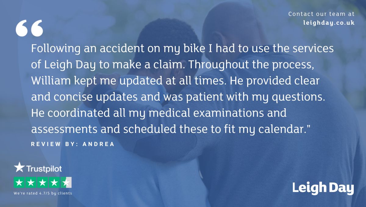 LeighDay_Law's tweet photo. Andrea took the time to leave @broadbentwill from our #PersonalInjury team a ⭐️⭐️⭐️⭐️⭐️ review after they kept them updated throughout their claim, we're glad we could help #FeedbackFriday https://t.co/wnCAHKStRh