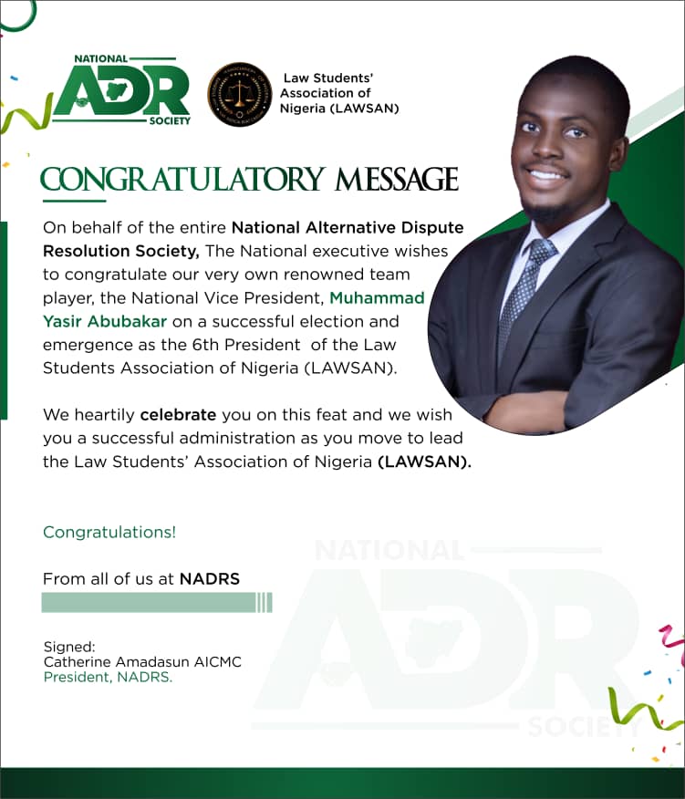 Thenationaladr3's tweet photo. THE NATIONAL ADR SOCIETY

2nd December, 2022
_______________________________

CONGRATULATORY MESSAGE

On behalf of the entire National Alternative Dispute Resolution Society, the National Executive Council wishes to congratulate our very own renowned team player, https://t.co/aIABk2G8XZ