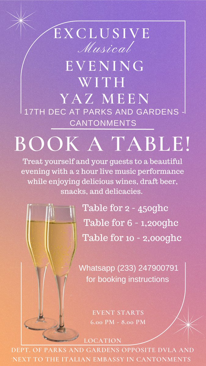 YazMeenMusic's tweet photo. The Golden Voice is back on stage on the 17th of December at the Department of Parks and Gardens!! You don't want to miss this! ENTRY fee 20ghc plus service tables with wine, beer, snacks and hors d'oeuvres. Book your table now! Whatsapp 0247900791 https://t.co/qB7TnNgFWV