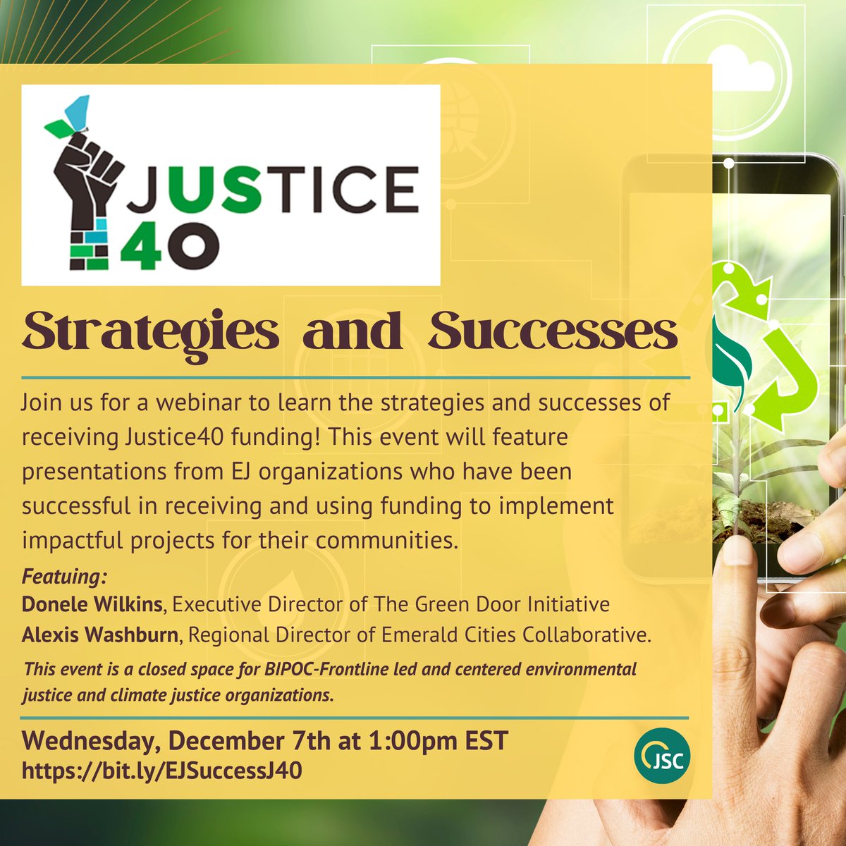 Emerald Cities (@emeraldcities) on Twitter photo Want to learn how your org can be successful in receiving and using #J40 funding to implement impactful projects for your communities? Join us for a webinar with <a href="/Just_Solutions_/">Just Solutions</a> on 12/7 at 1pm EST ⭐ bit.ly/EJSuccessJ40
#EJSucces Want to learn how your org can be successful in receiving and using #J40 funding to implement impactful projects for your communities? Join us for a webinar with <a href="/Just_Solutions_/">Just Solutions</a> on 12/7 at 1pm EST ⭐ bit.ly/EJSuccessJ40
#EJSucces