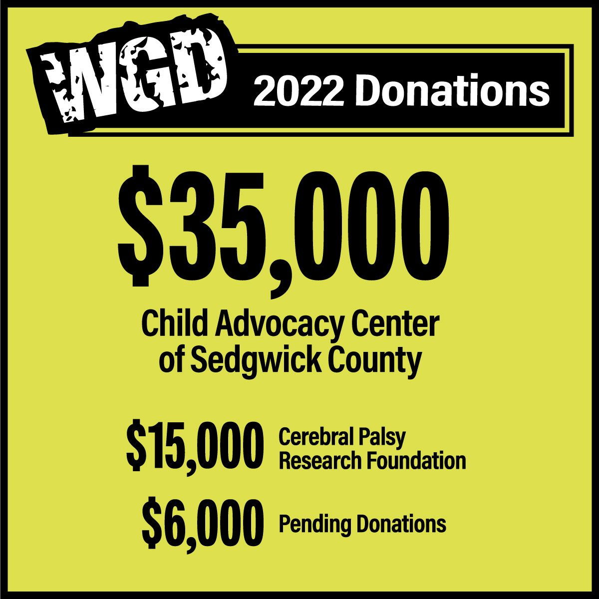 All proceeds from our event go to local orgs. Every participant and sponsor contributed to these donations in 2022, great job Wichita! Let's go bigger in 2023!

2022 Donations:
$35,000 - Child Advocacy Center of SGCO
$15,000 - Cerebral Palsy Research Foundation
$6,000 - Pending