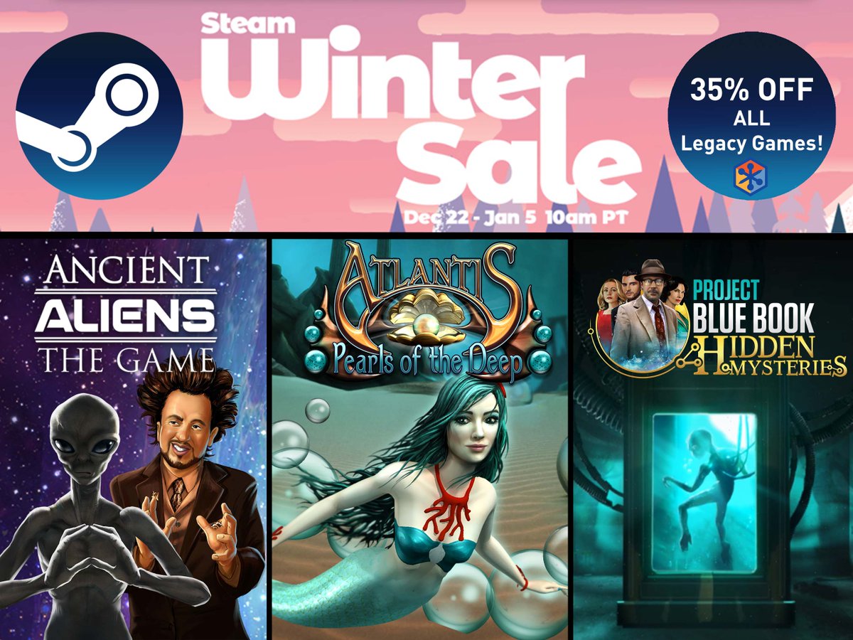 Legacy_Games's tweet photo. Find all your favorite Legacy Games on sale now for 35% OFF on Steam as part of the Steam Winter Sale 2022! ❄⛄🎮 #steamwintersale2022

35% OFF: Ancient Aliens: The Game, Atlantis Pearls of the Deep, Project Blue Book, League of Mermaids, &amp; Legends of Atlantis: Exodus! https://t.co/0l6jEMsoPi