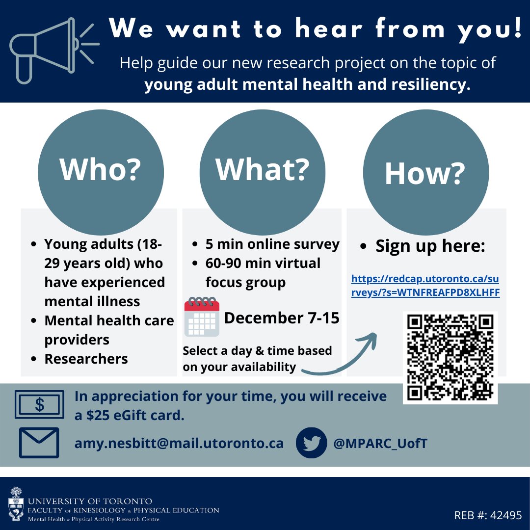 Amy Nesbitt (@amy_e_nesbitt) on Twitter photo Research participation opportunity! Use this link to learn more & sign up for a focus group discussion re: young adult mental health & resilience - scoping review results + implications. redcap.utoronto.ca/surveys/?s=WTN…
<a href="/MPARC_UofT/">MPARC</a> Research participation opportunity! Use this link to learn more & sign up for a focus group discussion re: young adult mental health & resilience - scoping review results + implications. redcap.utoronto.ca/surveys/?s=WTN…
<a href="/MPARC_UofT/">MPARC</a>