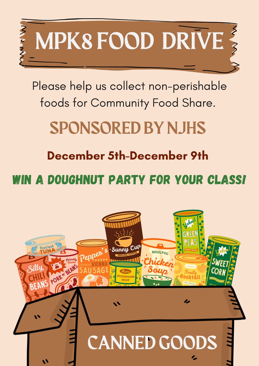 8Mustangs's tweet photo. Please help contribute to our food drive! Bring canned/boxed food donations to your class (1st period for Middle Level). Three classes will win a doughnut party! https://t.co/h8ubxdyB71