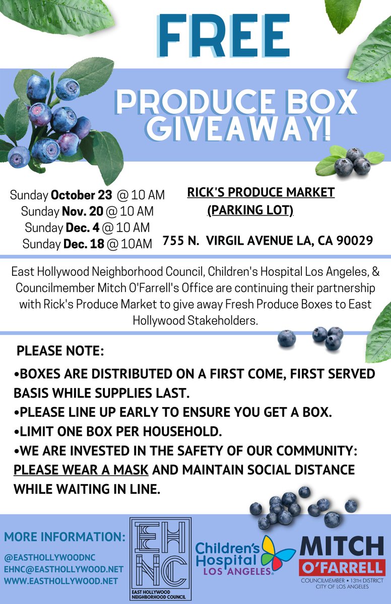 ChildrensLA's tweet photo. Free Produce Box Giveaway – Sunday, Dec. 4, 10 a.m. at Rick's Produce Market, 755 N. Virgil Ave. Partnership between @ChildrensLA @easthollywoodnc @mitchofarrell &amp; Rick’s Produce. See flier for details. #communityimpact #beyondwell https://t.co/EHhYLNcVA3