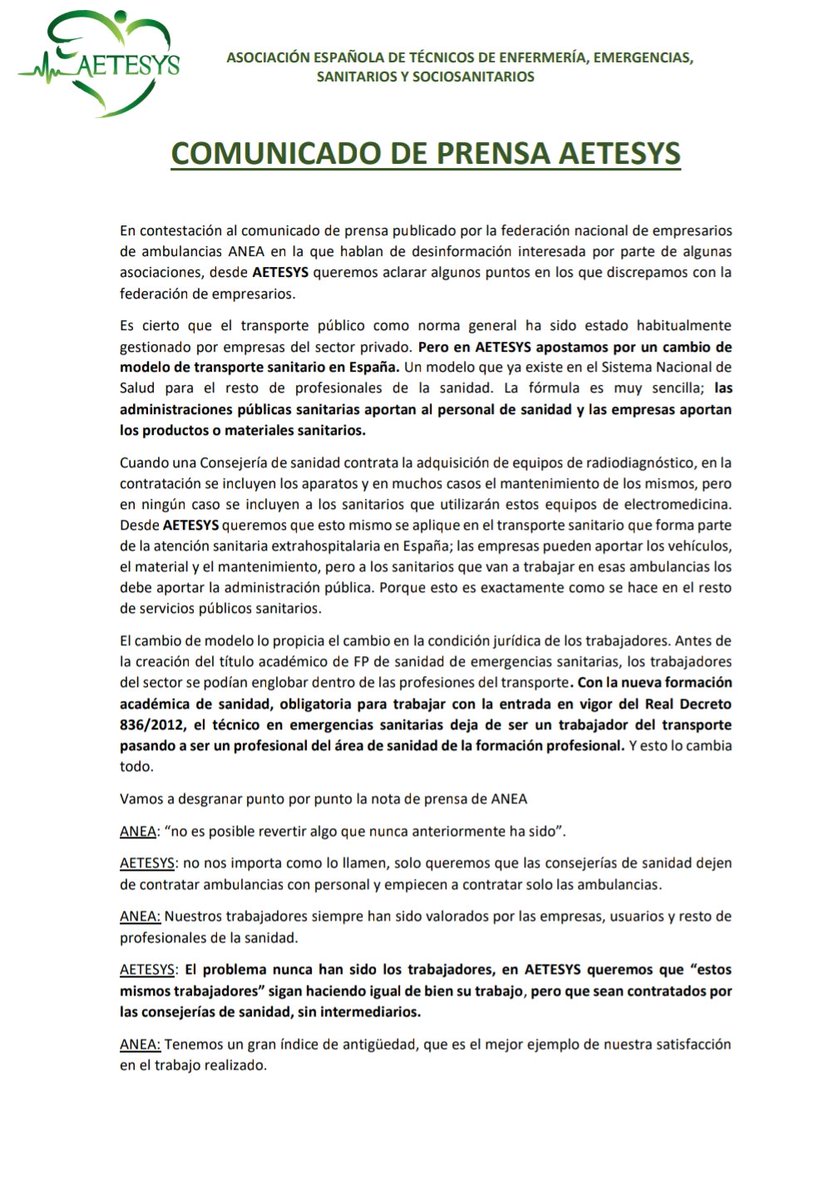 Aetesys_Naciona's tweet photo. AETESYS contesta a ANEA. No somos transportistas, somos profesionales sanitarios, no faltan TES, faltan condiciones dignas y cultura sanitaria en las empresas privadas. #OtroModeloEsNecesario @ANEAFederacion
@sanidadgob @SanidadP @Fentes_org https://t.co/JBRvdOaFbb