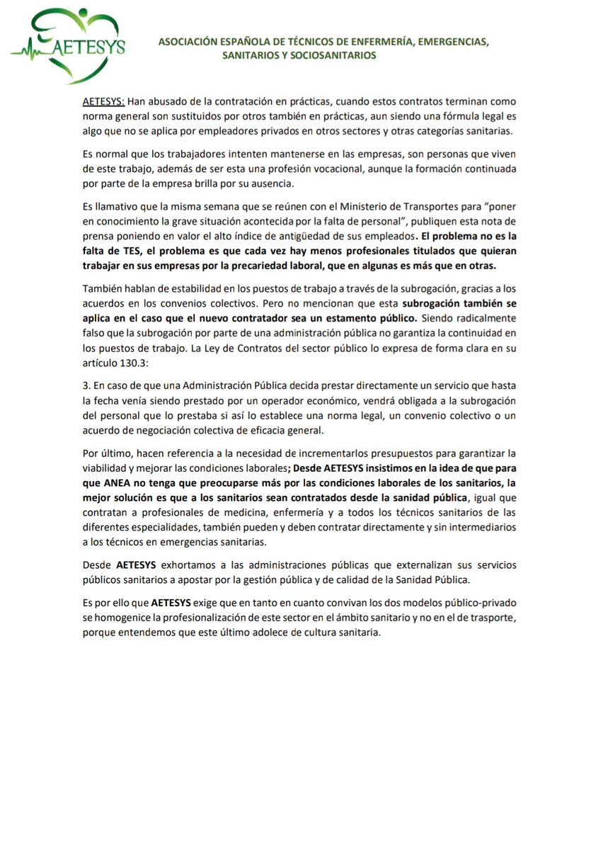 Aetesys_Naciona's tweet photo. AETESYS contesta a ANEA. No somos transportistas, somos profesionales sanitarios, no faltan TES, faltan condiciones dignas y cultura sanitaria en las empresas privadas. #OtroModeloEsNecesario @ANEAFederacion
@sanidadgob @SanidadP @Fentes_org https://t.co/JBRvdOaFbb
