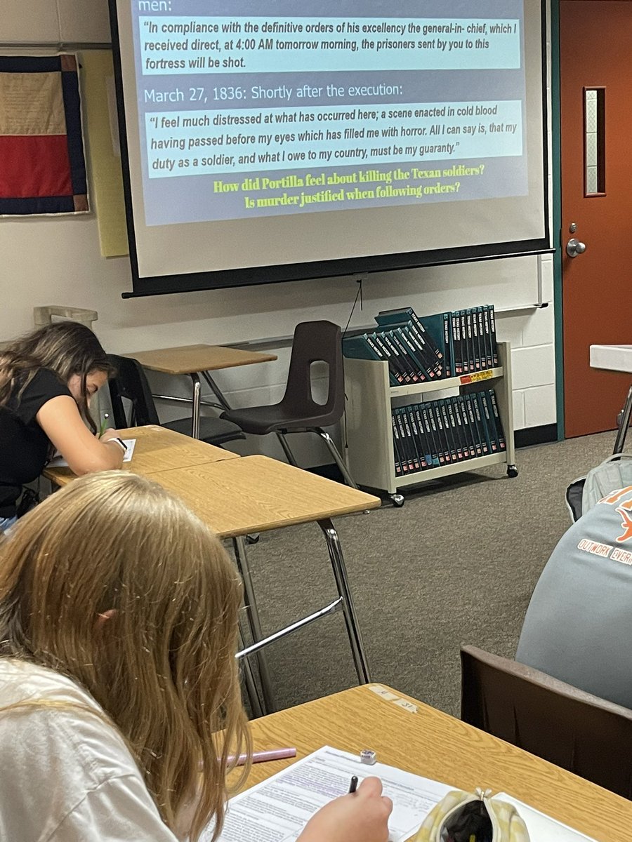 HistoryPearce's tweet photo. @HumbleISD_RMS 7th graders #DoingSocialStudiesDaily by examining  primary source documents to get the Mexican perspective on the Battle of Coleto Creek and Goliad Massacre. #CruelNecessity #DocumentDecember @humble_SocSt https://t.co/TdL0lB9Xod